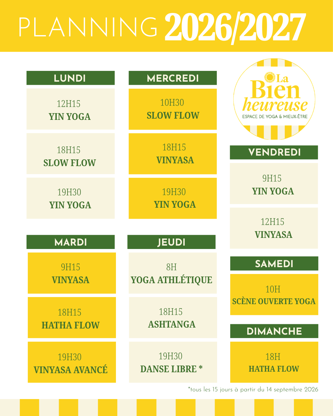 Planning 2026/2027 des cours de yoga à La Bienheureuse, Toulouse Saint-Agne : vinyasa, hatha flow, yin yoga, ashtanga et plus, du lundi au dimanche